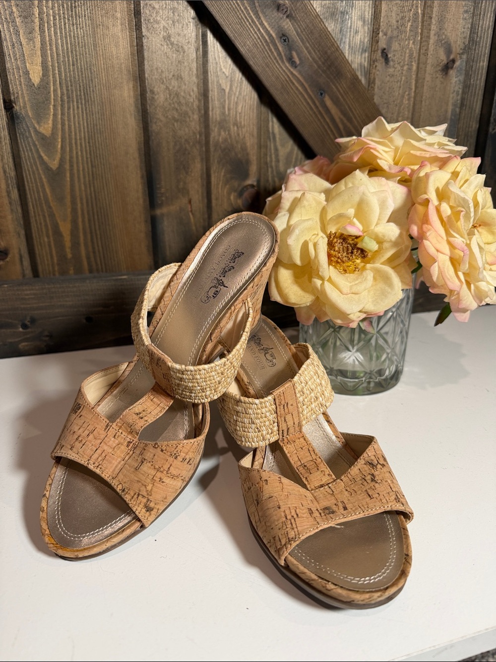 Coach and Four Cork-Style Wedge Sandals in Light Tan